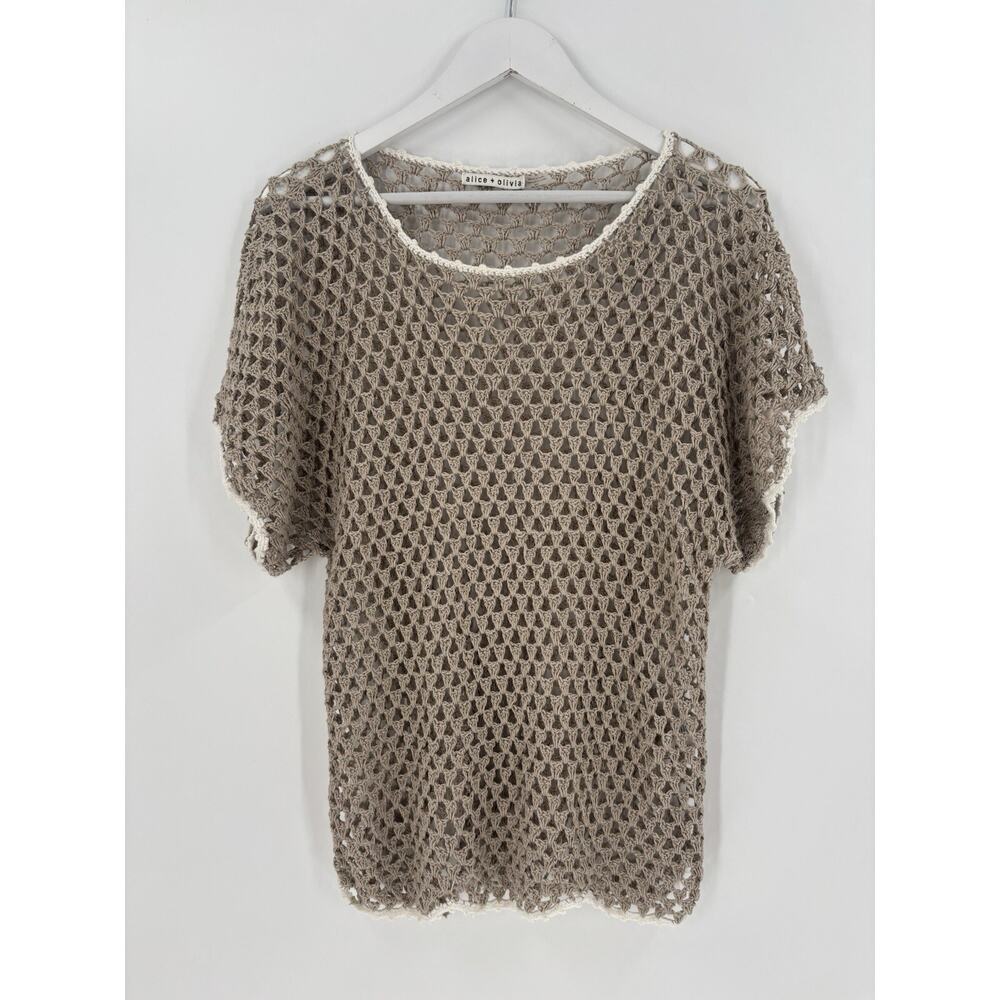 Alice + Olivia Knit Blouse Womens Medium Beige White Open Crochet Linen Cotton